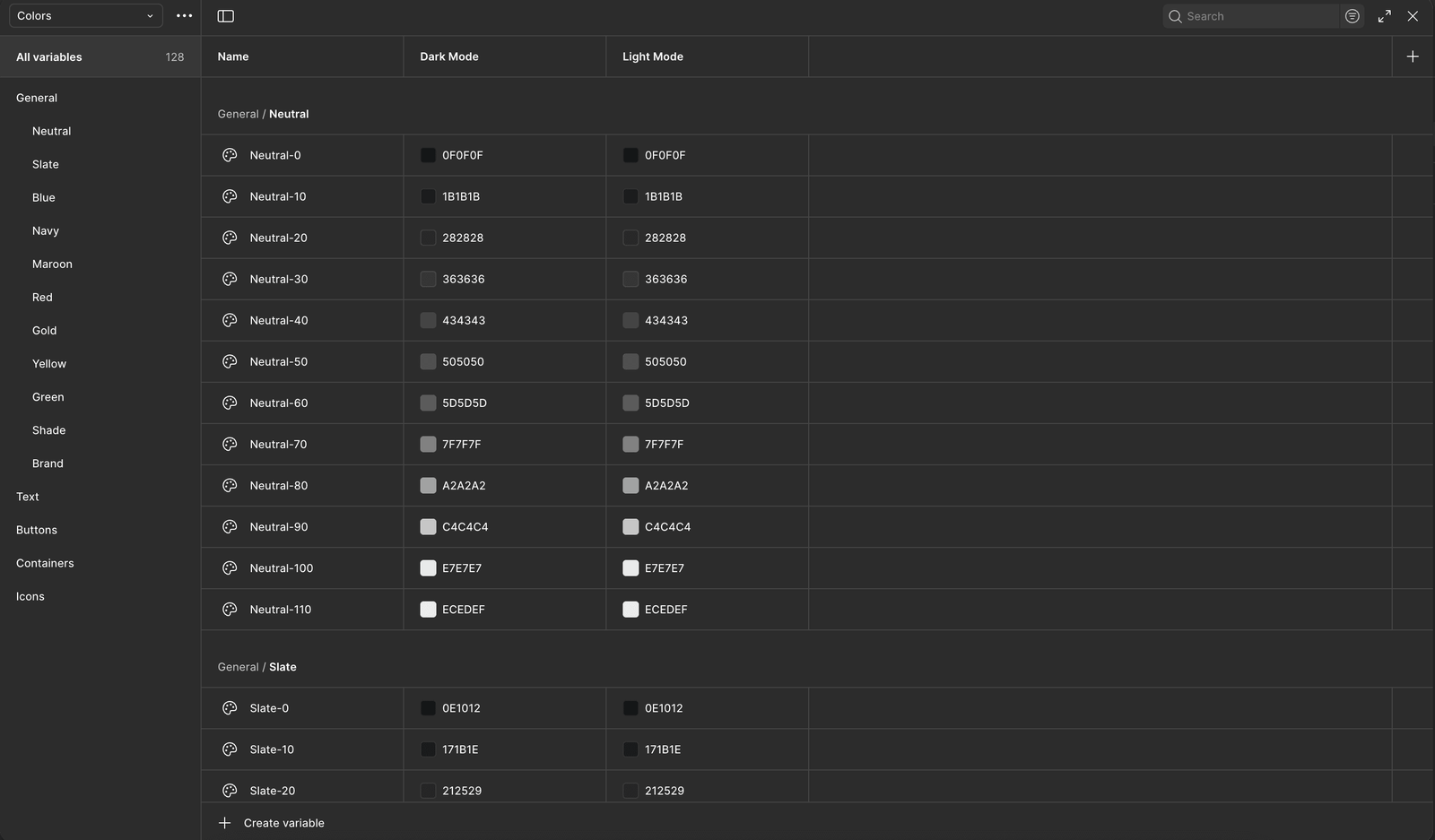 Color tokens as Figma variables, each mapped to a dark-mode and light-mode
value