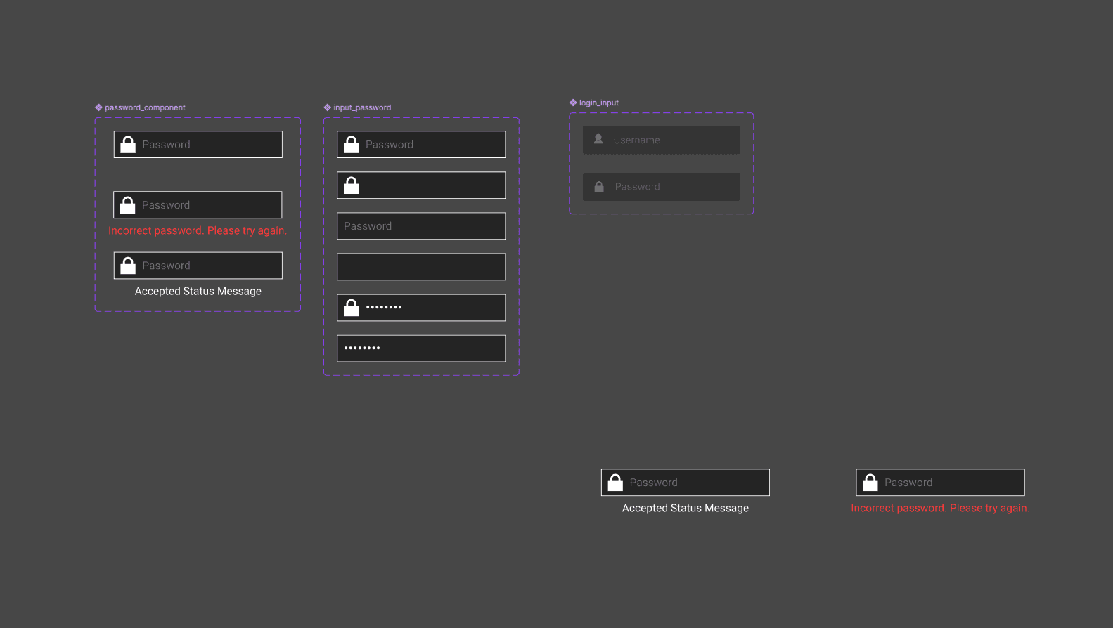Form components with their full range of states — empty, filled, locked,
and error