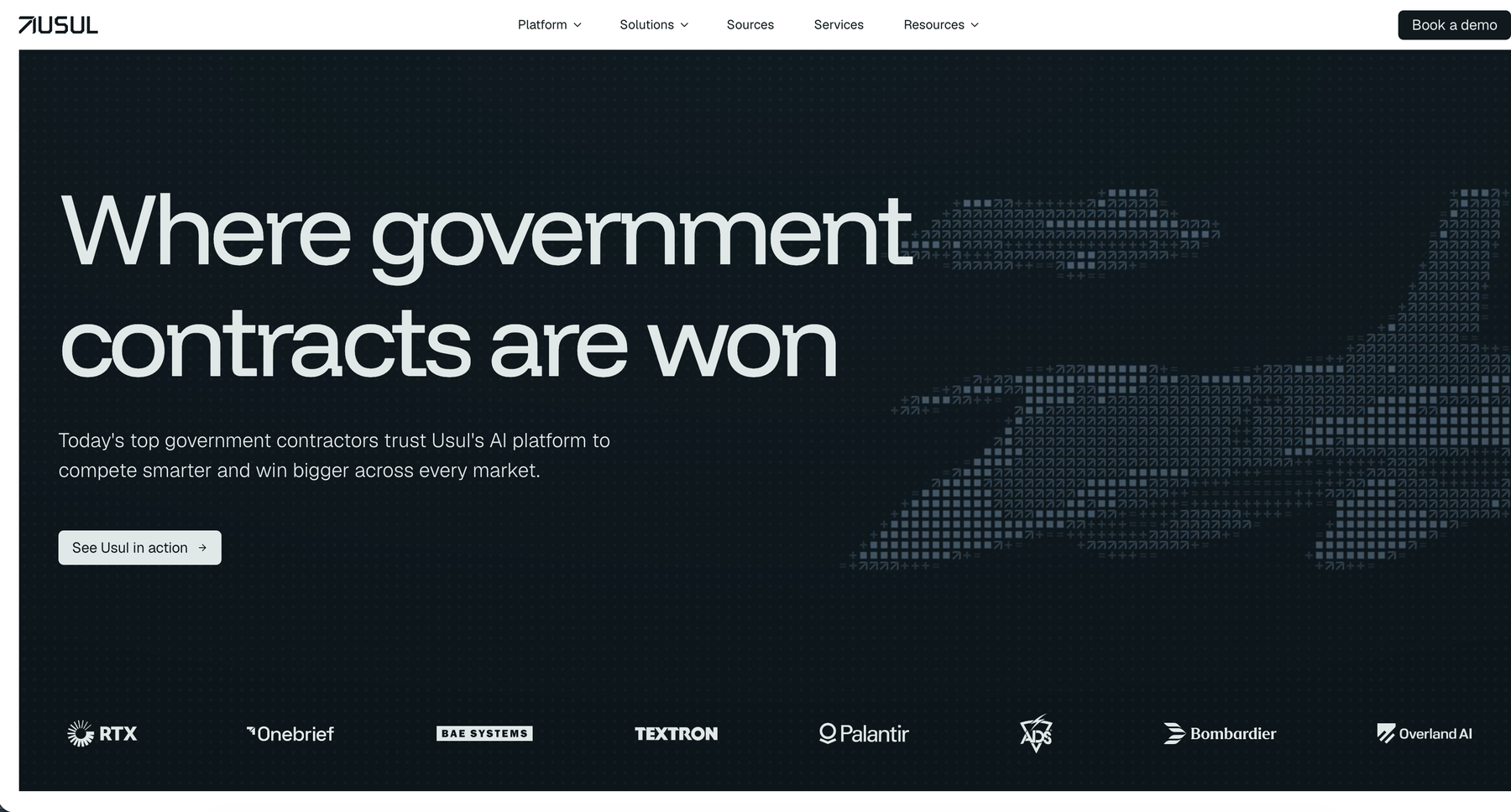 The Usul marketing site after the rebrand, a dark layout with a left-aligned headline reading Where government contracts are won